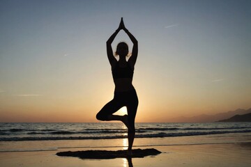 Silhouette of a Young woman practicing yoga on the beach- doing tree pose- during sunset
