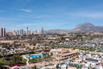 Aerial photo of the town of Benidorm in Spain showing a drone view of a camp site with many...