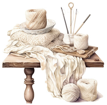 Vintage knitting essentials on a wooden table