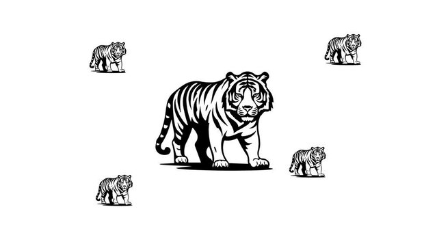 Zoom in and out animation the tiger symbol. Large black symbol in the center and four small symbols around. Seamless looped 4k animation on white background
