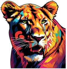 A Colorful Lioness Portrait - Artistic Illustration or Textile Print Motif Isolated on White Background, Vector - 777219535