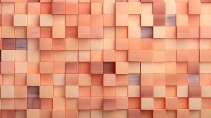 Apricot colored 3d wooden block wall cubic texture background. Modern woodwork wallpaper artwork design. - obrazy, fototapety, plakaty