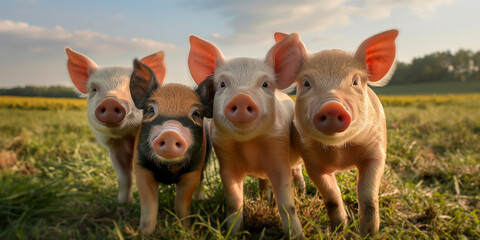Four happy piglets posing to the picture, beautiful countryside rural landscape. Happy pigs, farm animals.