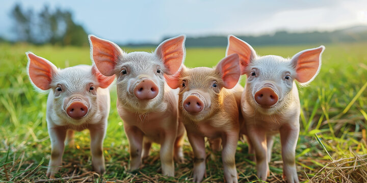 Four happy piglets posing to the picture, beautiful countryside landscape with yellow flowers. Happy pigs, farm animals. - Powered by Adobe