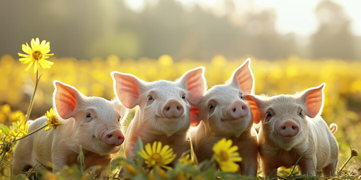 Four happy piglets posing to the picture, beautiful countryside landscape with yellow flowers. Happy pigs, farm animals.