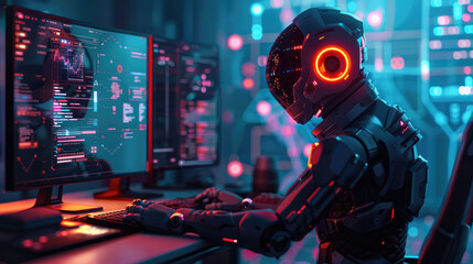 Futuristic Cyborg Operating Multiple Computer Interfaces
