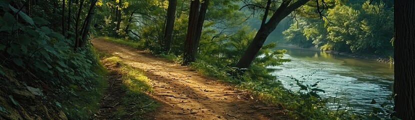 Landscape decorated with sturdy forest trees. A path created by nature that looks like an alley. The landscape is completed with the image of a river.