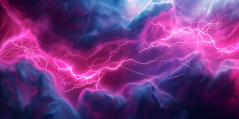 Fototapeta na wymiar Surreal landscape with dramatic pink lightning bolts illuminating a mysterious blue cloudy sky, depicting energy and chaos