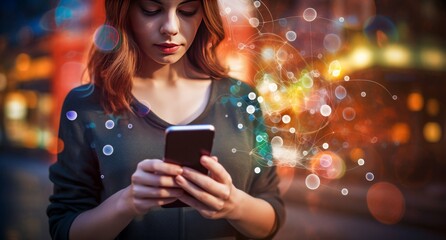 Woman Using Smartphone with Abstract Light Orbs
 - obrazy, fototapety, plakaty