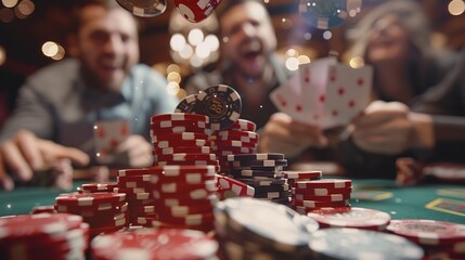 Portrait of poker chips falling and people winning a celebration type backdrop with space and blurry backdrop, Generative AI. - obrazy, fototapety, plakaty