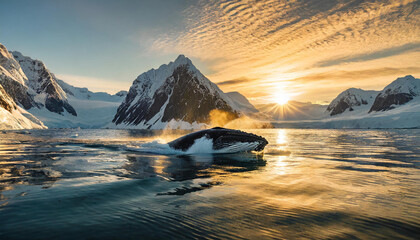 Humpback Whales in Midnight Sun - obrazy, fototapety, plakaty
