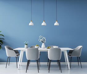 Modern dining room interior with a white table and gray chairs near a blue wall, mock up for a design stock photo contest winner, 20k, in the style of mock up for design stock photo contest winner - Powered by Adobe