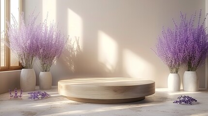 Wooden trunk podium with lavenders in backdrop a studio clean surface for text or product advertisement, Generative AI.