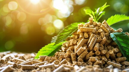 Biomass wood pellets stack and woodpile on blurred background with space for text placement. - obrazy, fototapety, plakaty