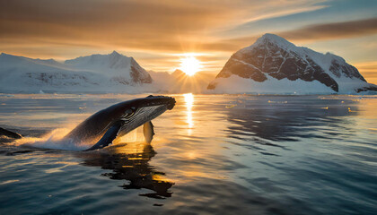 Humpback Whales in Midnight Sun - obrazy, fototapety, plakaty