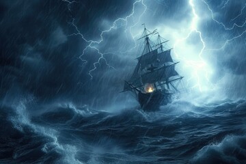 Raging Waters: Ship Amidst Thunder and Lightning - obrazy, fototapety, plakaty
