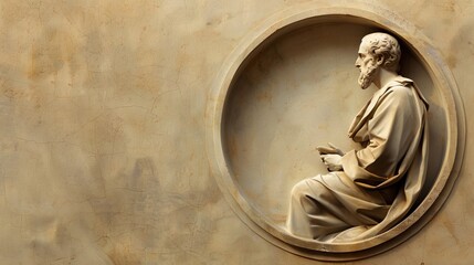 A finely carved statue of a philosopher, perfectly situated within a circular frame, while the rest of the image remains empty, providing a minimalist yet impactful backdrop