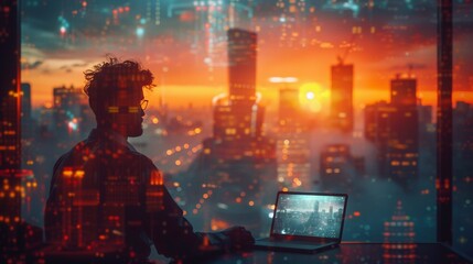 Portrait businessman working on laptop computer at office with transparency letting see modern city landscape with buildings and skyscrapers - obrazy, fototapety, plakaty