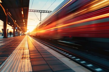 Fototapeta na wymiar High speed red train at Italian station during sunset.