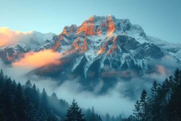 Naklejka premium Majestic Sunrise Over Misty Mountain Peaks