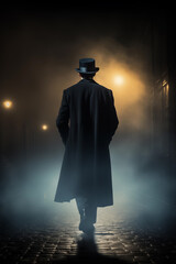 Veiled in the misty ambiance of the city alley, a mysterious man, dressed in a black coat and top hat, roams alone, embodying the essence of a cinematic historical thriller's enigmatic protagonist