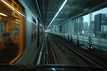 Subway tunnel with Motion blur of a city from inside  monorail in Tokyo