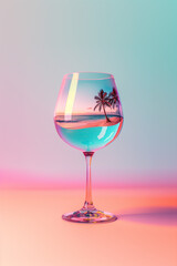 A glass of water contains a reflection of a tropical beach with palm trees, creating a vibrant and colorful scene. Surreal and dreamy composition.