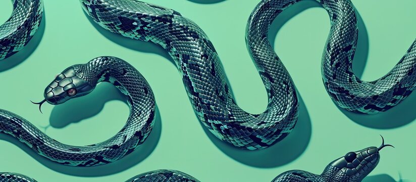 A digitally altered image of snakes with a patterned texture against a teal background
