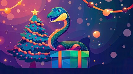 A whimsical dinosaur wrapped around a Christmas present in front of a festive tree illuminated by colorful lights