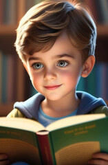 Cartoon little boy with big gray eyes and light brown hair, smiling and reading a book close-up on a blurred background of a bookcase, library.