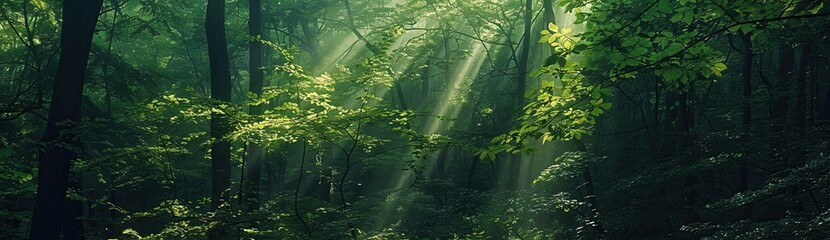 Sunlight shining through the green trees, filtering through the leaves. The rays of the sun are...