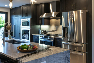 Modern kitchen with sleek appliances and stylish waterfall countertop.