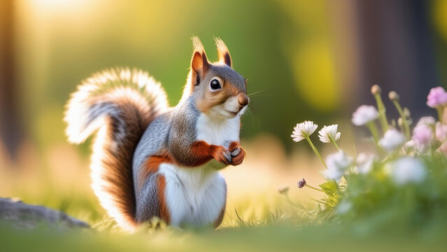 Banner, close-up of a squirrel sitting on the grass with flowers, looking at the camera.