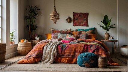 Bohemian styled bedroom with bright tapestry