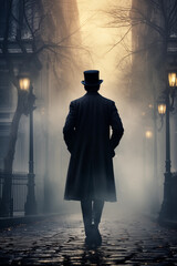 Within the dimly lit city alley, a mysterious man clad in a black coat and top hat strolls alone, evoking the ambiance of a cinematic historical thriller set in the 19th or 18th century. - obrazy, fototapety, plakaty