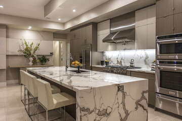 Contemporary kitchen boasts marble countertops, sleek appliances, and ample island space for meal prep.