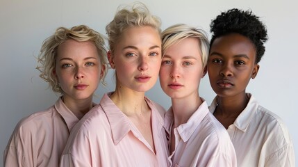 Fototapeta premium Four individuals in pastel attire, showcasing quiet confidence and style.