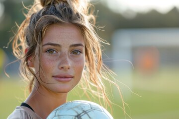 Close-up portrait of a focused young female soccer player, her expression portraying determination...