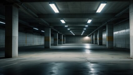 Empty parking garage with columns and lighting
