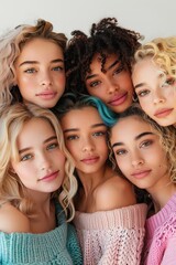 Obraz premium Six diverse girls with various hairstyles posing closely together.