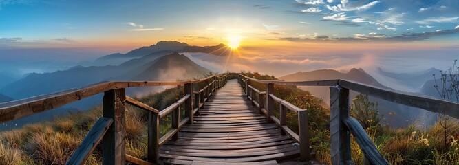 A wooden path, which is located in the bosom of nature reminiscent of eternity, and the sun is shining from the front. - obrazy, fototapety, plakaty