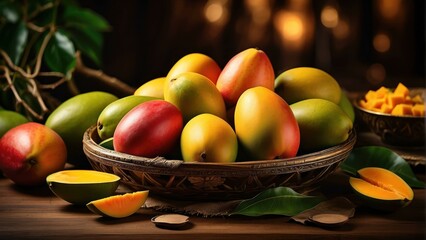 Vibrant mangoes arranged in a wicker basket