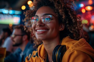 An individual lost in music amidst colorful bar lights and nightlife ambiance