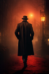 Noir Solitude: Amidst the hazy glow of streetlights, a lone silhouette adorned in a black coat and top hat traverses the deserted city alley, evoking a sense of solitude and intrigue reminiscent of cl