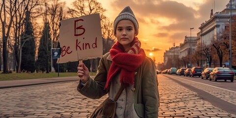girl holding a sign that reads Be kind while standing on a cobbled street in the city at sunset, kindness day, banner