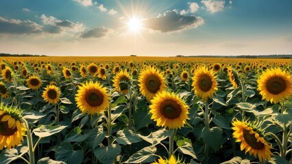 Sunflower field with clear blue sky and sunlight