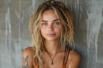 Fototapeta premium A young blonde woman with tattoos and striking blue eyes poses in a bohemian style