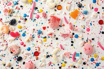 Lush abstract confectionery motifs, inspired by whimsical candies and sugary treats, adorn a backdrop of pure white, invoking the joy and delight of culinary sweetness.