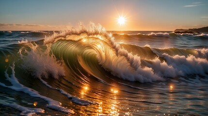 Luminous wave on seascape background - obrazy, fototapety, plakaty