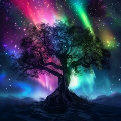 Colorful Yggdrasil tree of life with aurora polar lights